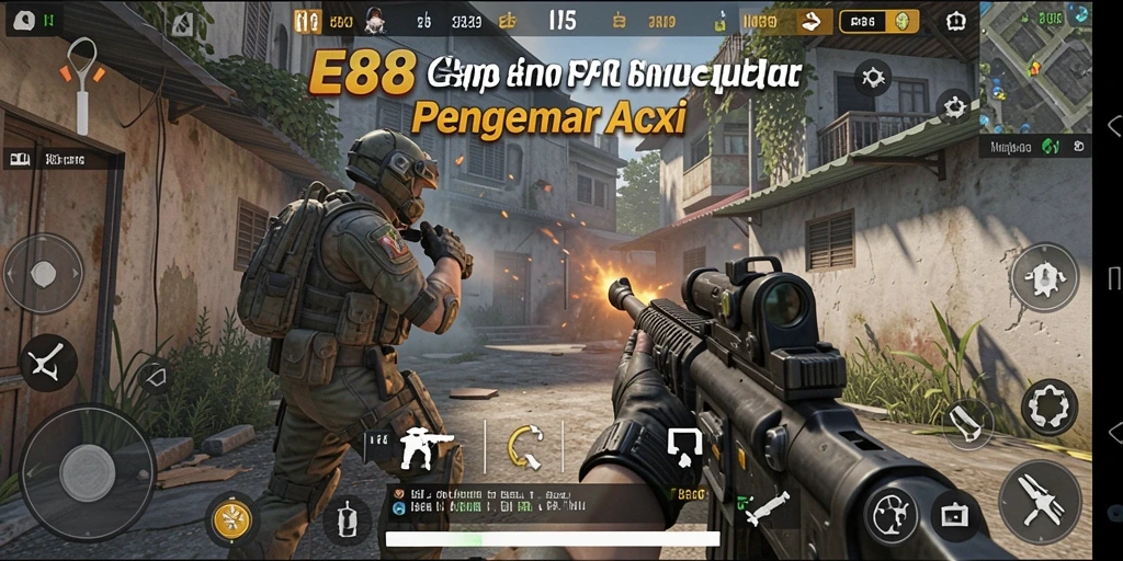 Screenshot E88 menunjukkan aksi tembak-menembak yang intens.