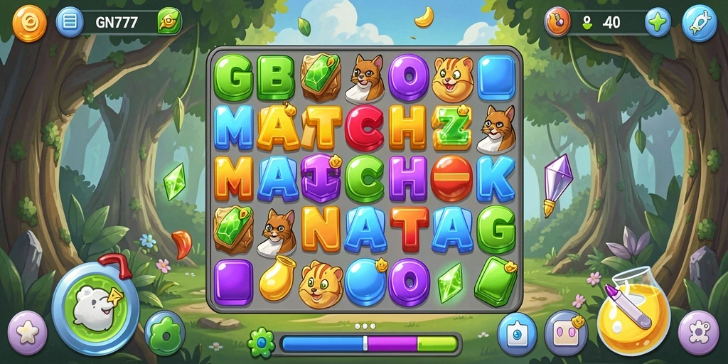 Screenshot utama GN777 menampilkan gameplay Match-3 yang seru.