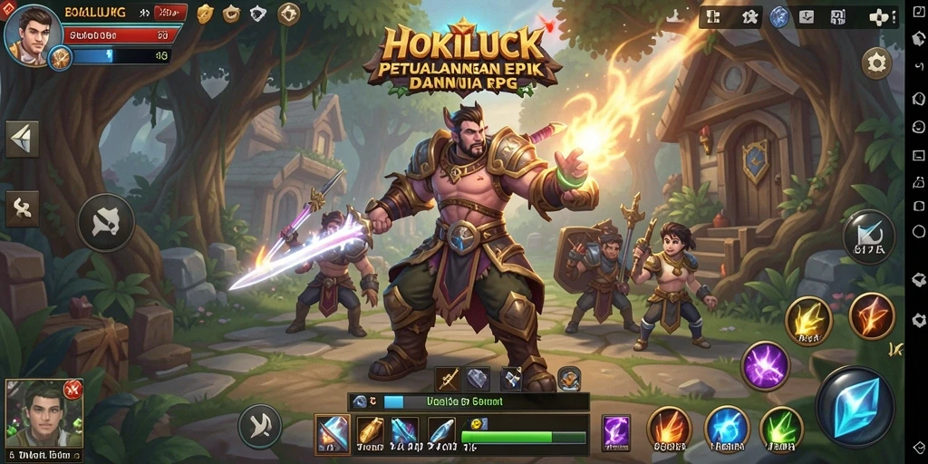 Tangkapan layar utama HOKILUCK menampilkan aksi pertempuran RPG yang mendebarkan.