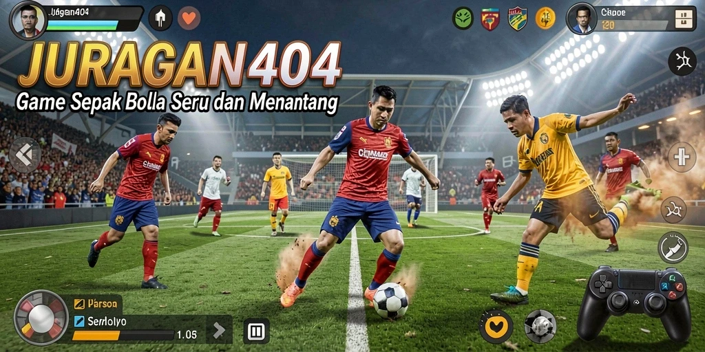 Screenshot menunjukkan aksi seru dalam game sepak bola JURAGAN404.